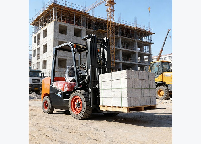 Diesel forklift viewed from the side for fork and load position planning