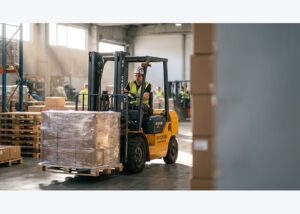 Diesel forklift staged for a daily outdoor yard inspection