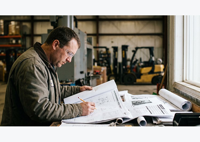 Operator checking a diesel forklift before handling heavy pallet loads