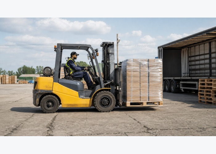 Diesel forklift carrying palletized cargo at a loading dock