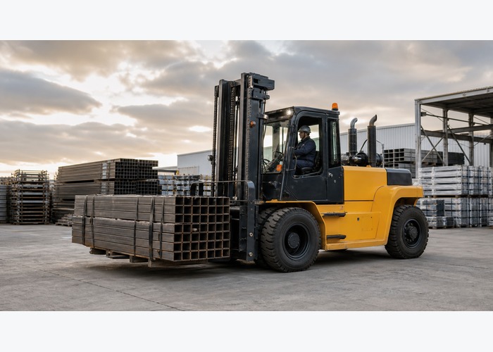 High-capacity diesel forklift moving a heavy pallet beside a trailer