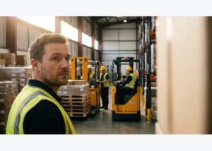 Electric forklift positioned for warehouse charging-station planning