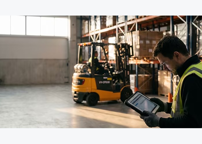 Electric forklift working near a designated warehouse charging zone