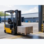 Electric forklift positioned at a warehouse doorway for indoor and outdoor transfer work