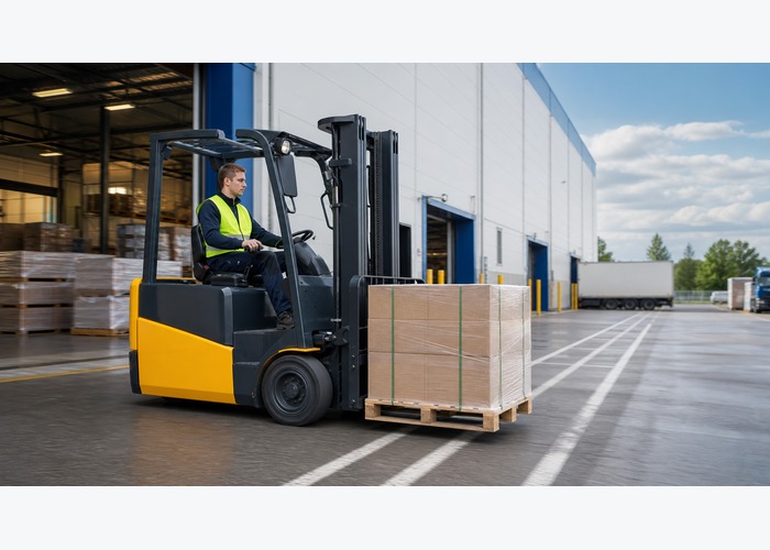 Electric forklift carrying a pallet across a dry loading apron