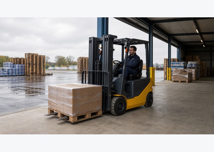 Electric forklift paused at a covered loading area beside changing outdoor conditions
