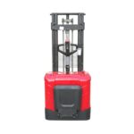 Electric stacker parked safely for hydraulic lift troubleshooting