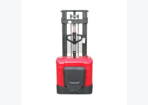 Electric stacker parked safely for hydraulic lift troubleshooting
