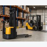 Electric stacker in front of a larger forklift inside a warehouse