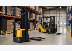 Electric stacker in front of a larger forklift inside a warehouse