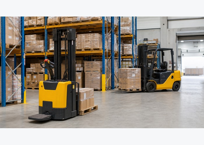 Electric stacker lifting a pallet at rack level beside a standard forklift