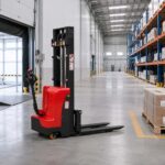 Pallet stacker positioned for compact warehouse pallet handling