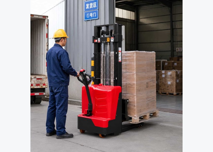 Electric stacker moving a pallet through a narrow warehouse lane