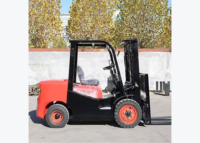 Diesel forklift staged for brake, steering, and leak inspection before the shift begins