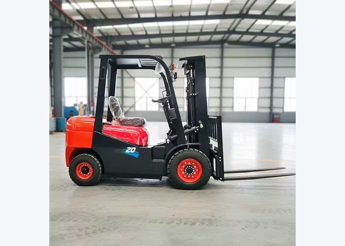 Diesel forklift staged for mast, tire, and attachment evaluation before supplier selection
