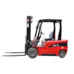 Diesel forklift parked in a marked refueling bay before the fuel cap is opened