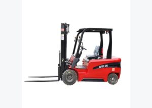 Diesel forklift parked in a marked refueling bay before the fuel cap is opened