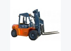 Diesel forklift prepared for tire selection and outdoor yard surface review