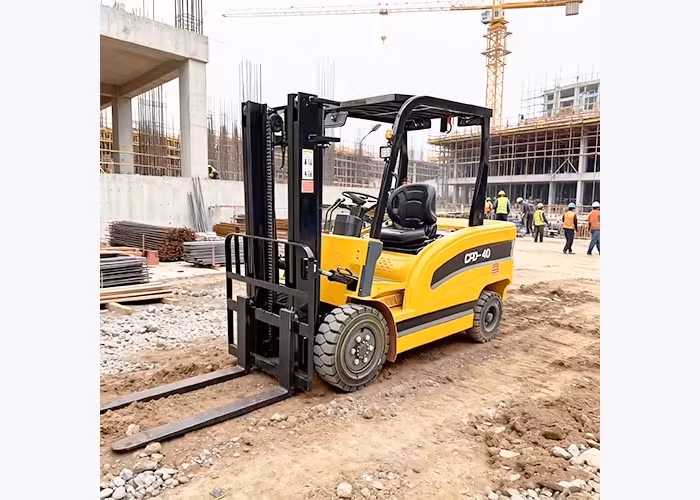 Electric counterbalance forklift positioned for turning-space and load-handling evaluation