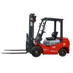 Electric forklift parked near a designated charging room with clear ventilation space