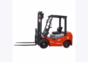 Electric forklift parked near a designated charging room with clear ventilation space