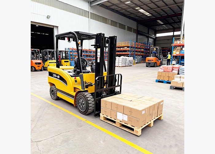 Electric forklift prepared for shift work after charger voltage and amp-output checks
