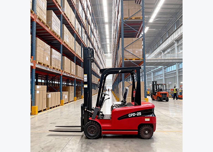 Electric forklift positioned for condensation tire and shift-planning review