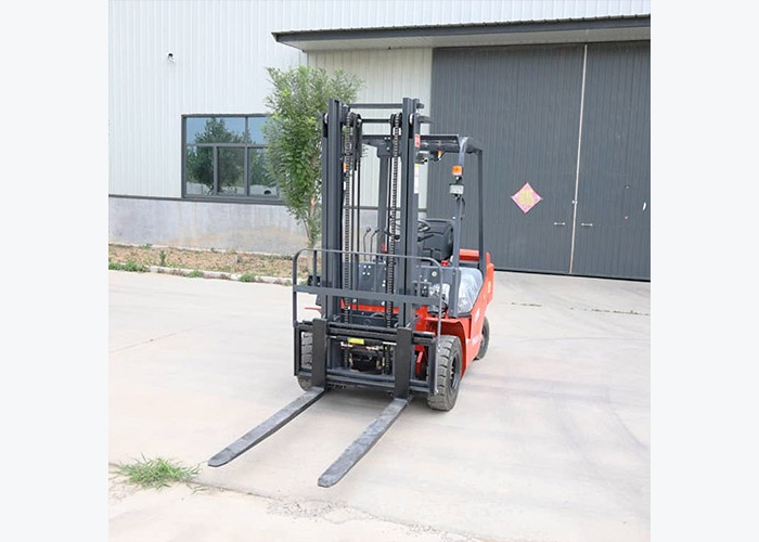 Electric forklift prepared for tire brake and mast inspection in a warehouse