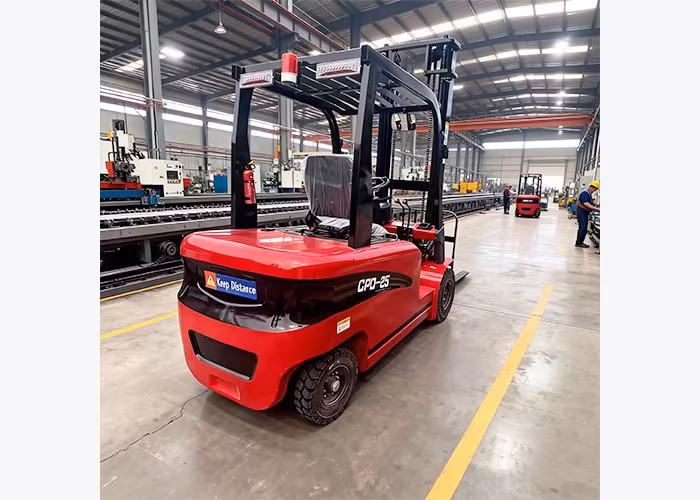 Electric forklift inspected in a warehouse for warning light diagnosis