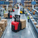 Electric stacker parked for scheduled maintenance and daily inspection