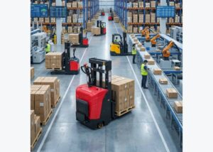 Electric stacker parked for scheduled maintenance and daily inspection