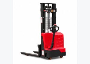 Fully electric stacker prepared for lift-height and route-planning review