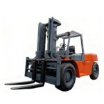 Heavy duty diesel forklift prepared for outdoor lifting in a stone or timber yard