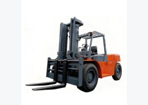 Heavy duty diesel forklift prepared for outdoor lifting in a stone or timber yard