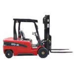 Electric forklift staged near a charger with the shift board visible for uptime planning
