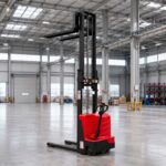 Pallet stacker positioned in a narrow aisle for turning-space review