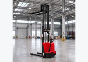 Pallet stacker positioned in a narrow aisle for turning-space review