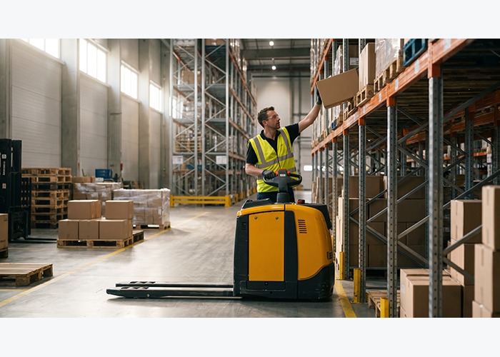 Stand-on stacker prepared for aisle width and warehouse flow planning
