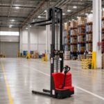 Walkie pallet stacker prepared for a pre-use inspection in a warehouse aisle