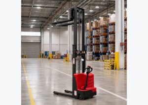 Walkie pallet stacker prepared for a pre-use inspection in a warehouse aisle