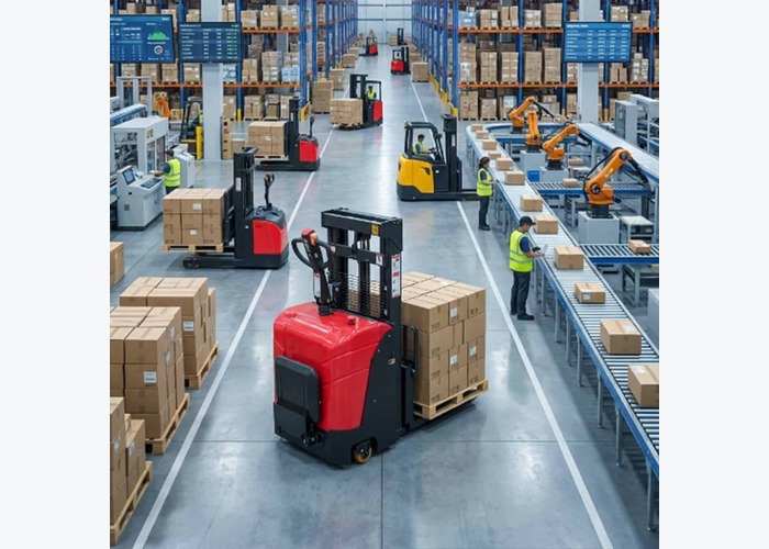 Walkie stacker approaching a pick zone with clear aisle visibility