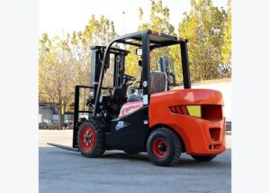 Used diesel forklift parked for pre-purchase inspection in an outdoor equipment yard