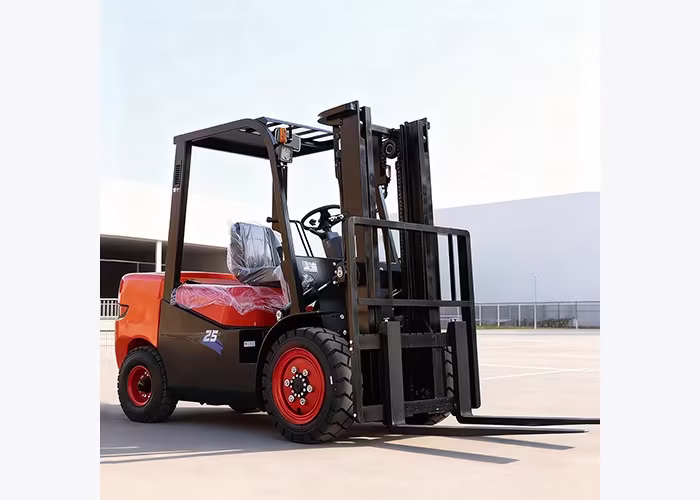 Used diesel forklift reviewed under load after leak and tire inspection steps