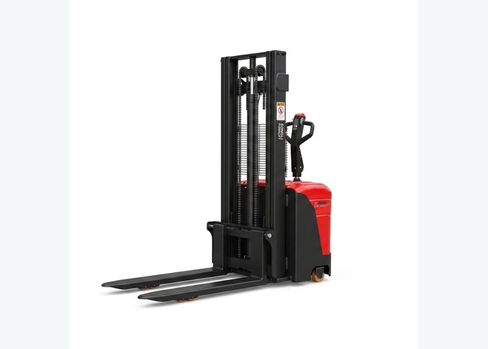 Electric walkie stacker staged for safe aisle movement and pallet placement training