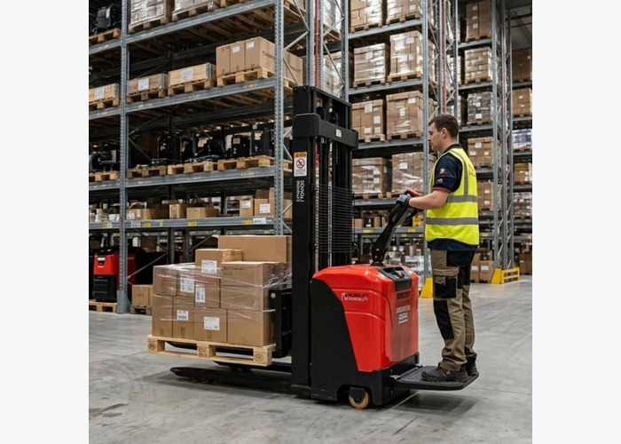 Stand-on electric stacker moving pallets on a longer warehouse transfer route