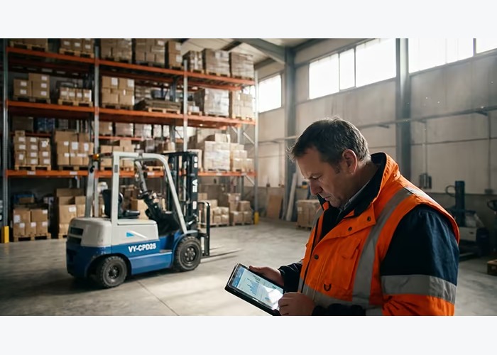 Electric counterbalance forklift positioned for rack approach and warehouse turning checks